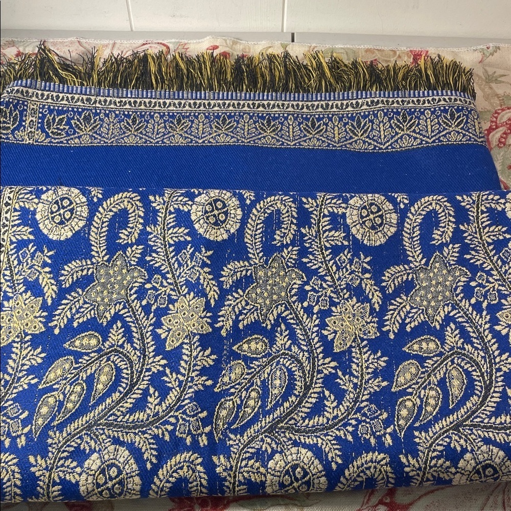 Egyptian Tapestry Abu Gazala Woven Royal Blue Yellow Gazelle Fringe Fabric